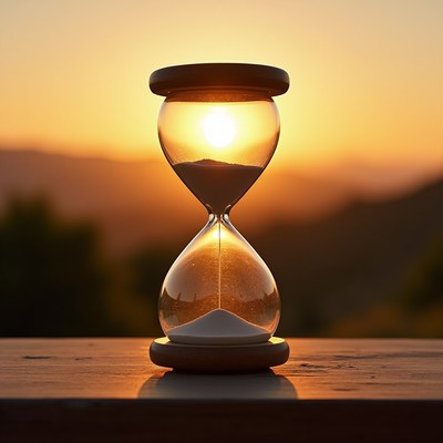 Hourglass with sunset in sand