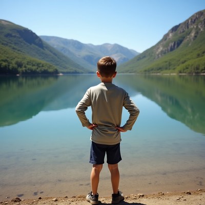 Boy standing by lake with mountains