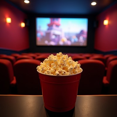 Popcorn in red bucket at cinema