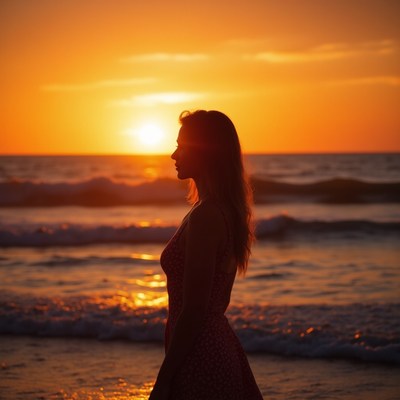 Woman silhouette at beach sunset