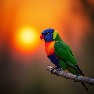 Rainbow Lorikeet on branch at sunset