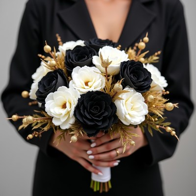 Woman holding black white gold bouquet