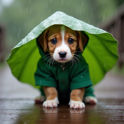 Cute puppy under green umbrella in rain