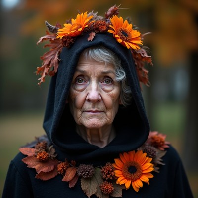 Elderly woman in autumn leaf hood
