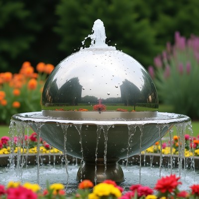 Shiny Spherical Water Fountain in Garden