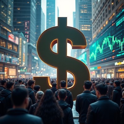 Crowd viewing giant dollar sign in city