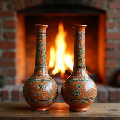Two Orange Vases by Fireplace