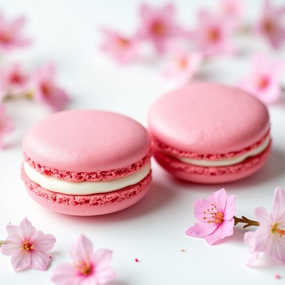 Pink macarons with cherry blossoms
