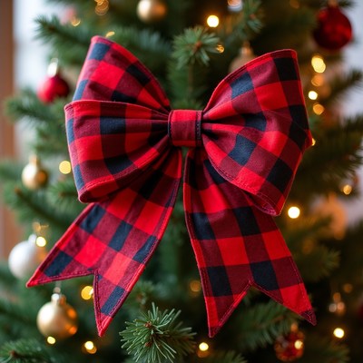 Red Plaid Bow on Christmas Tree