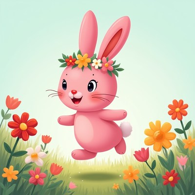 Pink bunny hopping in flower field