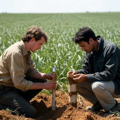Two men examining soil sample in field