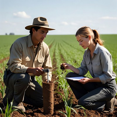 Farmers Examining Soil in Crop Field