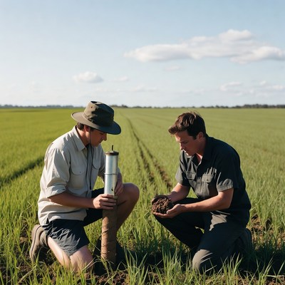 Farmers examining soil rice field