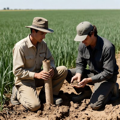 Two farmers examining soil core sample