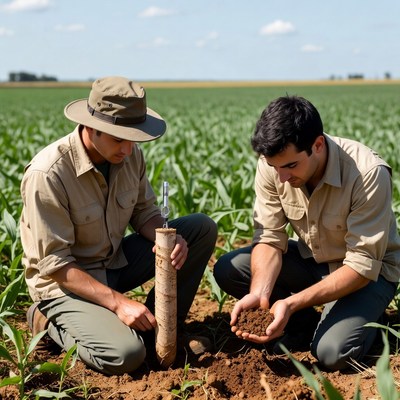 Two men planting soil core in cornfield