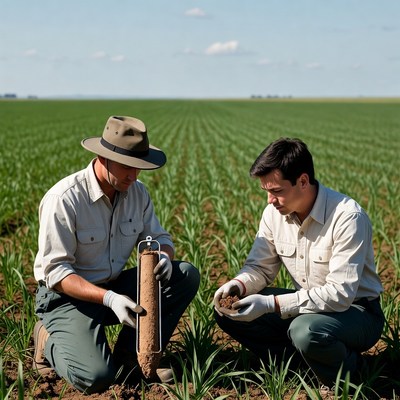 Farmers Examining Soil Core in Cornfield