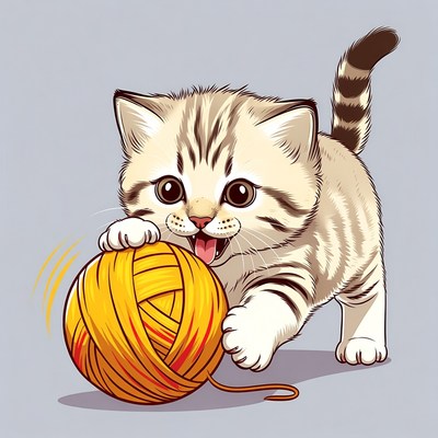 Kitten playing with yellow yarn ball