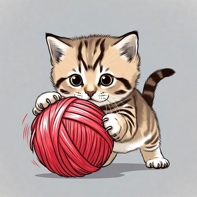 Kitten playing with red yarn ball