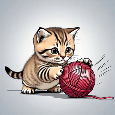 Kitten playing with yarn ball