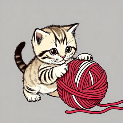 Kitten playing with yarn ball