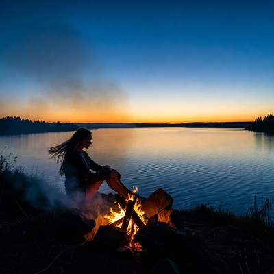 Woman sitting by campfire at lakeside sunset