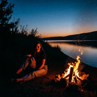 Woman sitting by campfire at lakeside
