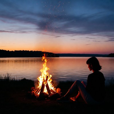 Woman sitting by campfire at lakeside sunset