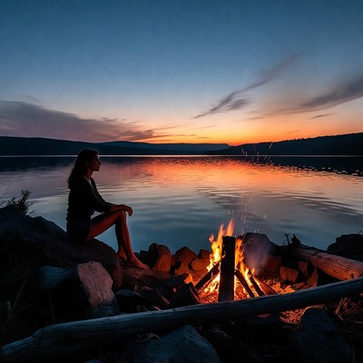 Woman sitting by campfire at lakeside sunset