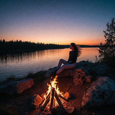 Woman sitting by campfire at sunset lake