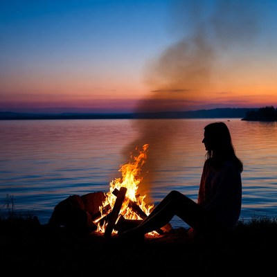 Silhouette woman by campfire lakeside