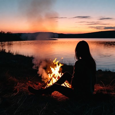 Silhouette woman by campfire at sunset lake
