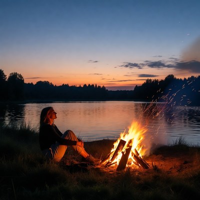 Woman sitting by campfire at sunset lake