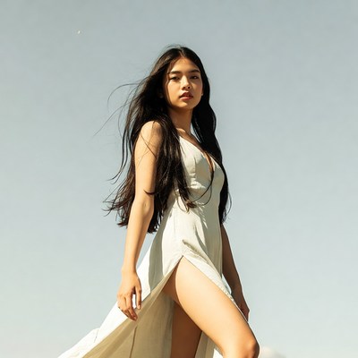 Asian woman in flowing white dress