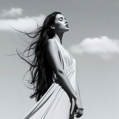 Woman with flowing hair in white dress