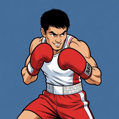Asian boxer in red gloves