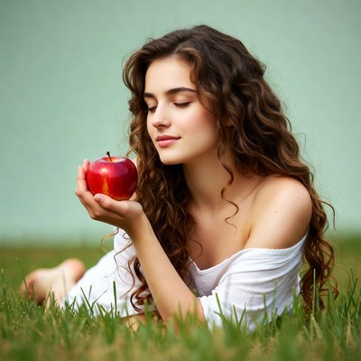 Woman holding red apple in grass