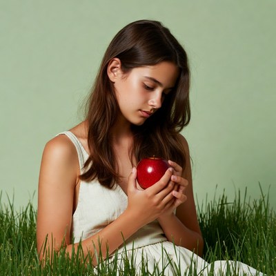 Girl holding red apple in grass