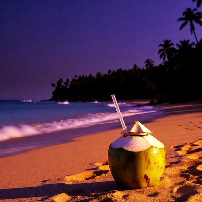 Coconut with Straw on Tropical Beach