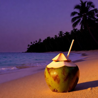 Coconut with Straw on Tropical Beach