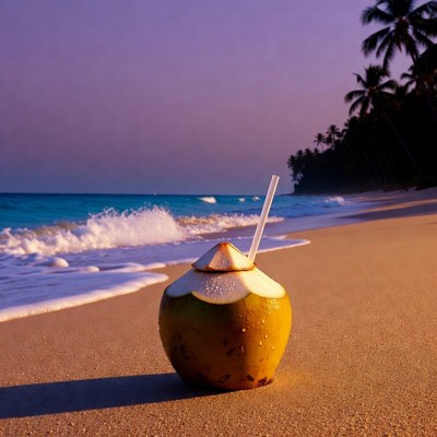 Coconut with Straw on Tropical Beach