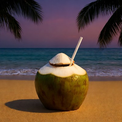 Coconut with Straw on Beach