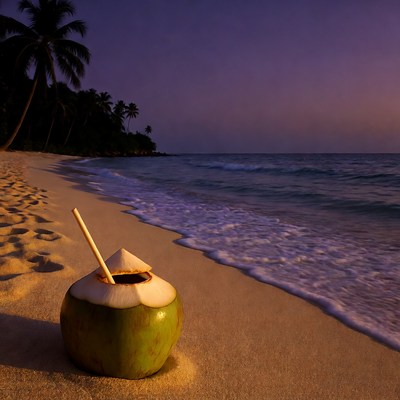 Coconut with Straw on Tropical Beach