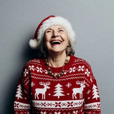 Elderly woman laughing in Santa hat