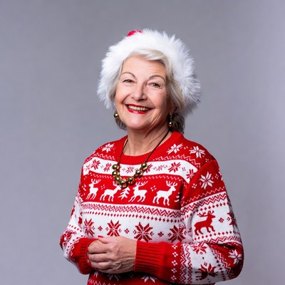 Elderly woman in reindeer Christmas sweater