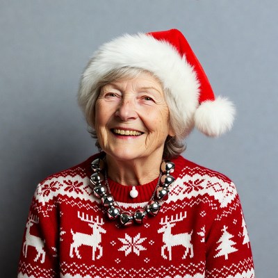 Elderly woman in Santa hat smiling