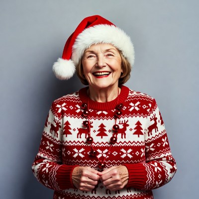 Elderly woman in Santa hat smiling