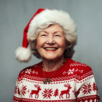 Elderly woman smiling in Santa hat