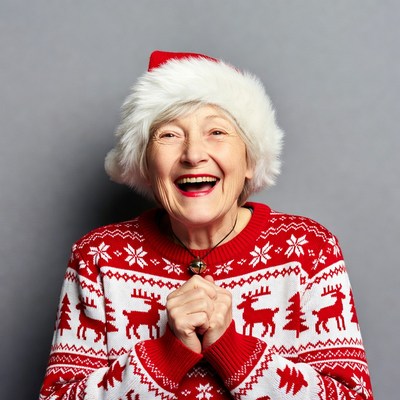 Elderly woman in Santa hat smiling