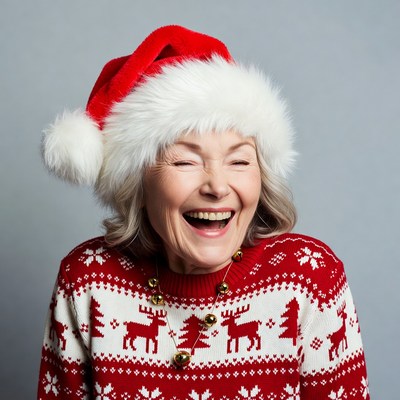 Elderly woman laughing in Santa hat