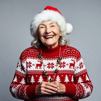 Elderly woman in Santa hat smiling